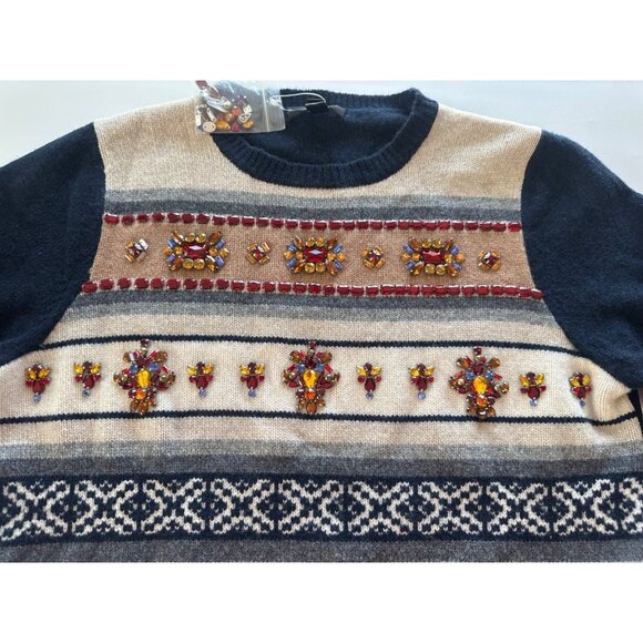 J CREW Womens Sz M 100% Wool Jeweled Navy/Multi Fair Isle Stripe Sweater Preppy - Picture 3 of 9